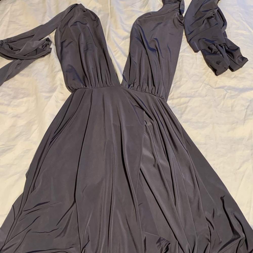 Purple/gray dress, halter top that you tie.